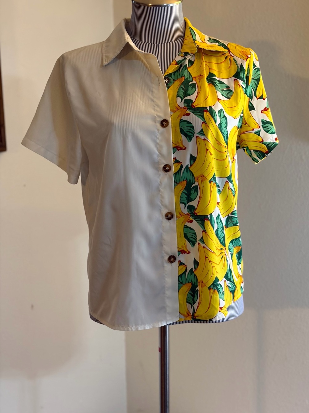 Two-Tone Banana Print Button-Down Shirt in Ivory and Yellow